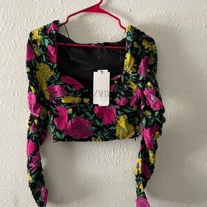 Zara Women's Floral Blouse - Black, Pink, and Yellow